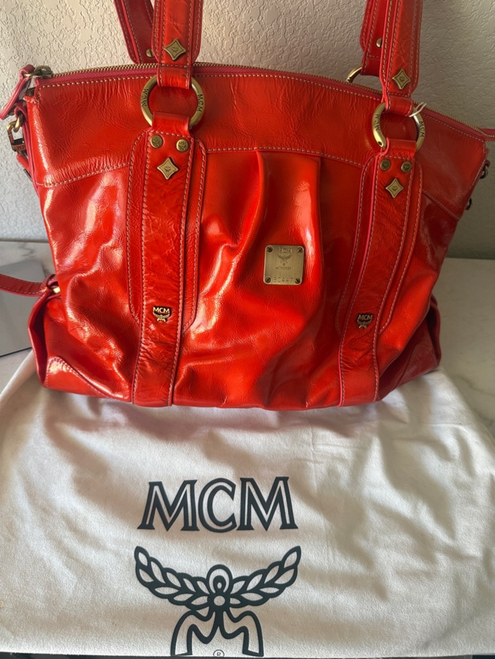 Authentic MCM München Red Patent Leather Satchel w/Crossbody Strap & Dust Bag - Picture 11 of 11